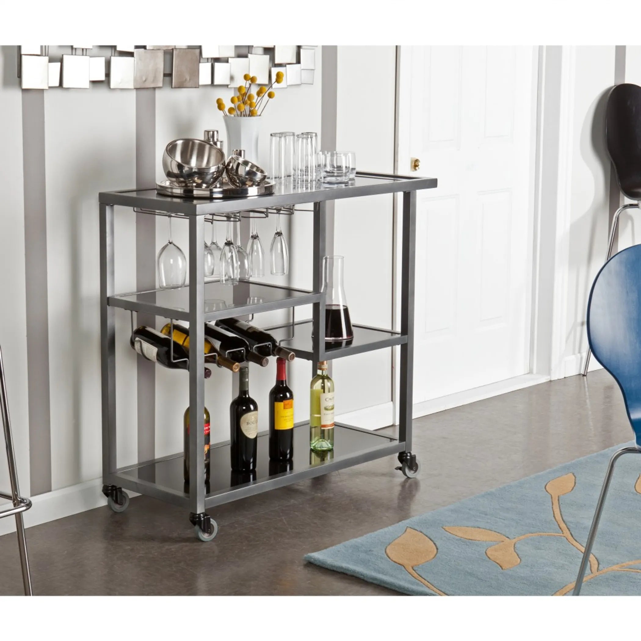 Glass Rolling Bar Cart With Wine Storage