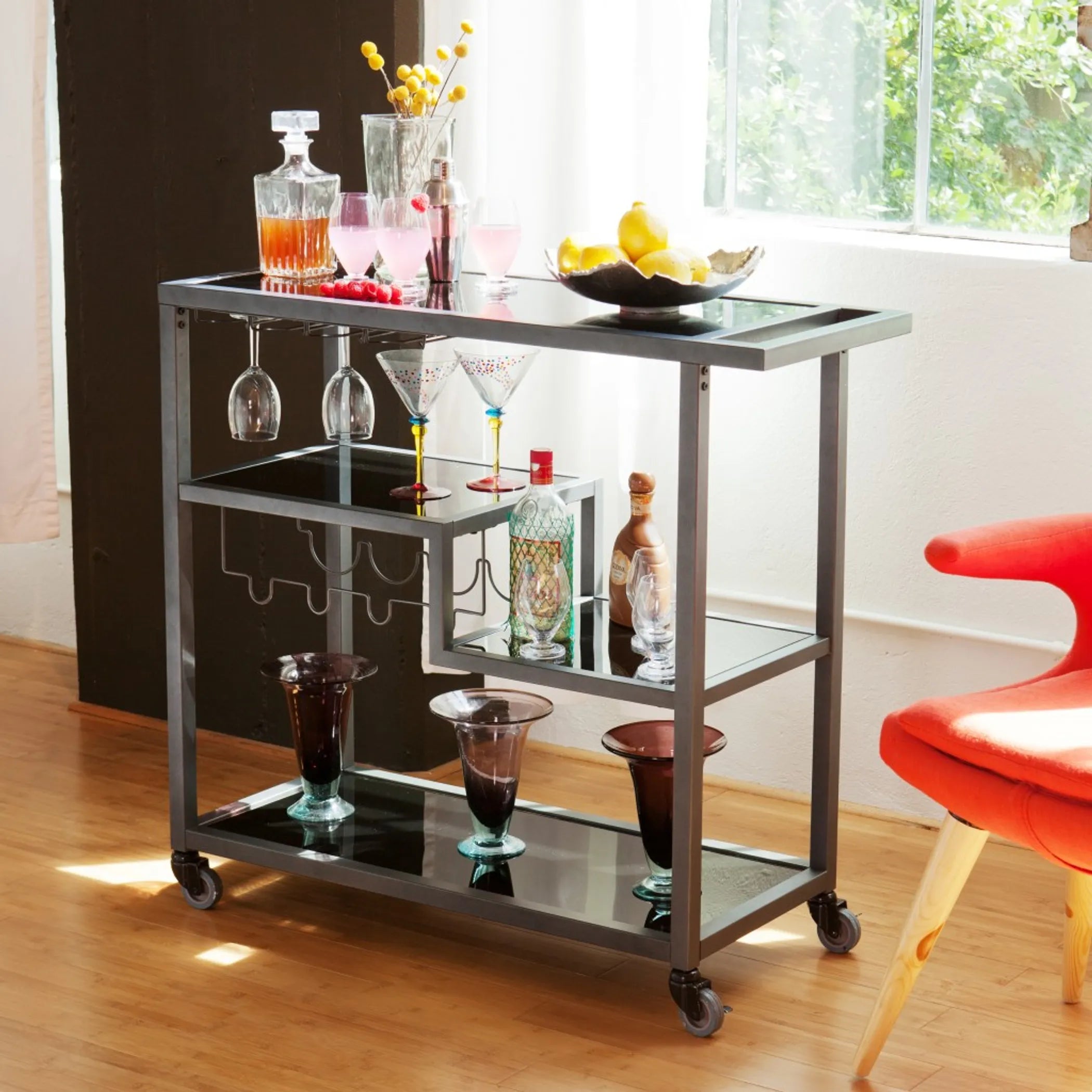 Glass Rolling Bar Cart With Wine Storage